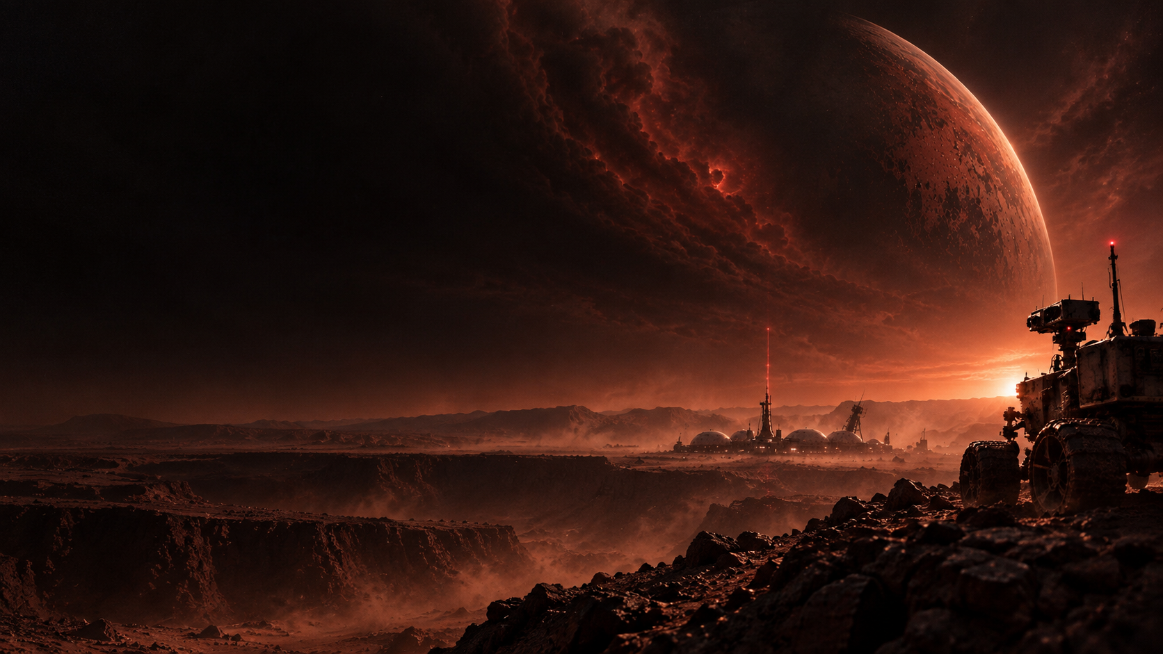 赤紅火星上，救援探測車眺望遠方的 ARES-1 基地